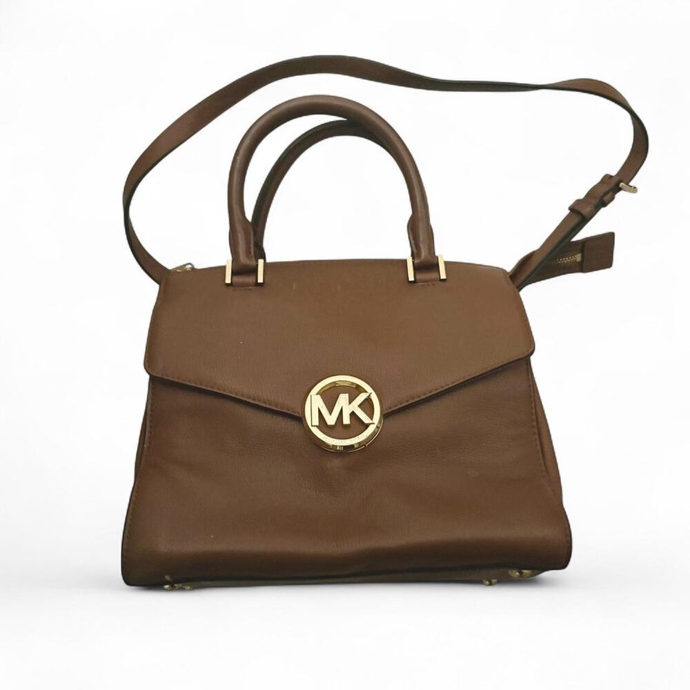 Brown Michael Kors MK gold buckle Bag with Crossbody Shoulder Strap Top Handles